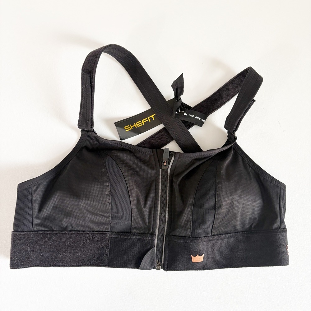 NWT SHEFIT Womens Ultimate High Impact Adjustable Zip Front Sports Bra Black M